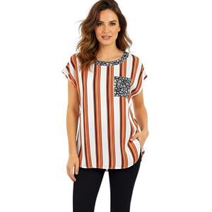 Porridge Women’s Blouse Sz Small Short Sleeve Striped Preppy Fall Autumn Retro